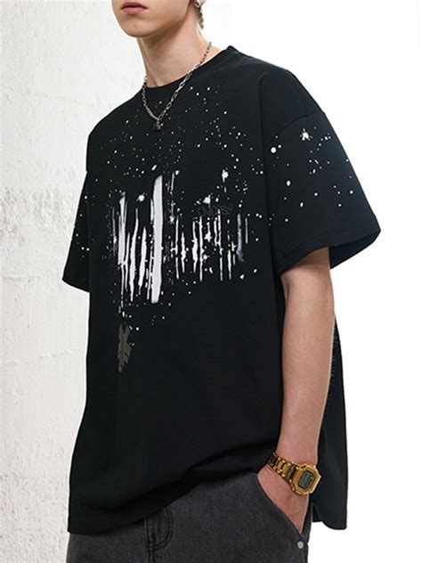 Emmiol Free Shipping Men S Splash Ink Loose Short Sleeve Tee Black