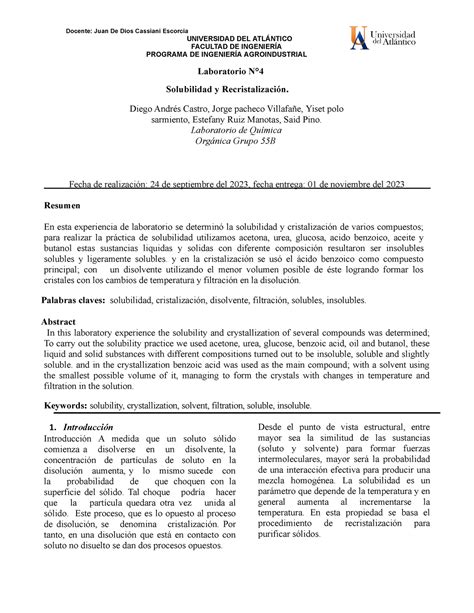 Informe De Solubilidad Y Recristalizacion Laboratorio N