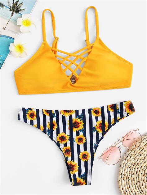 Random Floral Striped Criss Cross Bikini Set ROMWE Criss Cross