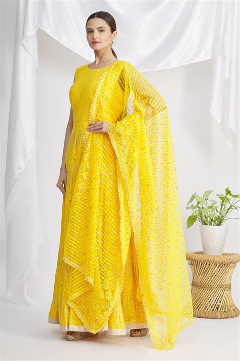 Buy Khwaab By Sanjana Lakhani Yellow Chinon Embroidered Anarkali Set