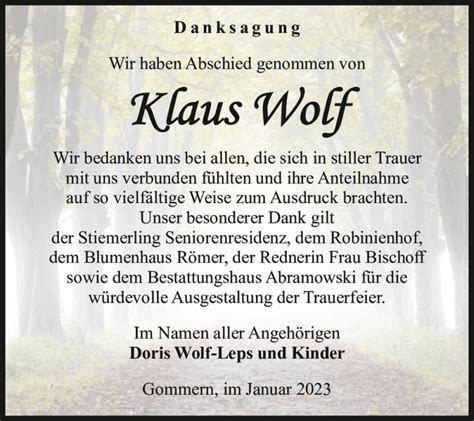 Traueranzeigen Von Klaus Wolf Abschied Nehmen De