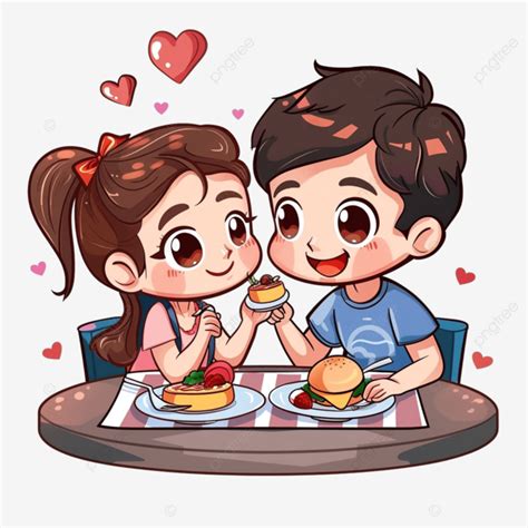 Cute Lovers Couple Sitting And Eating Together Happy Valentine Chibi Cartoon Character Couple