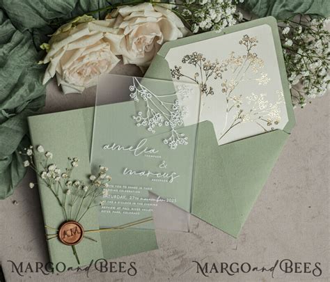 Wedding invitations with sage green. Elegant transparent wedding invitations with gypsophila ...