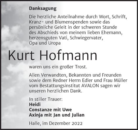 Traueranzeigen Von Kurt Hofmann Abschied Nehmen De