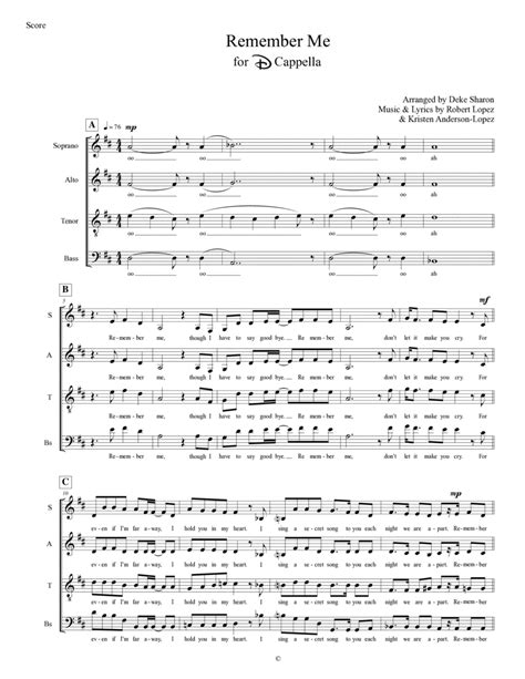 Remember Me Lullaby By Robert Lopez 4 Part Digital Sheet Music