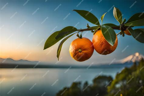 Premium AI Image | an orange tree with the sunset in the background