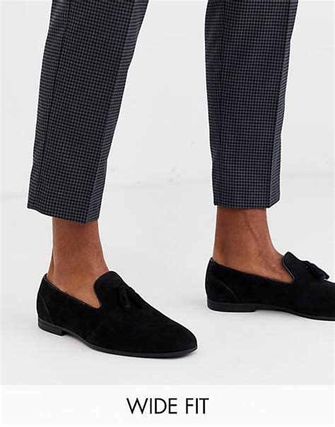 Asos Design Wide Fit Tassel Loafers In Black Faux Suede Asos