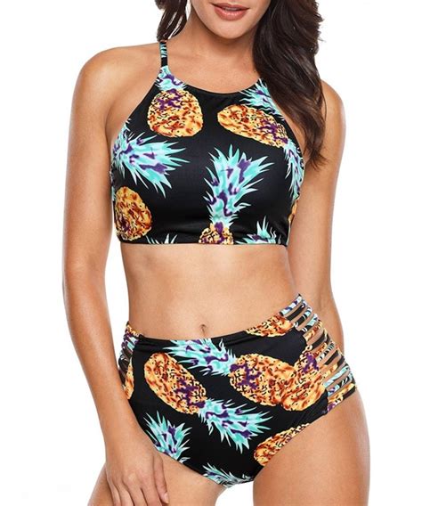 Women S Tropical Pineapple Floral Printed High Waisted Bikini Set With