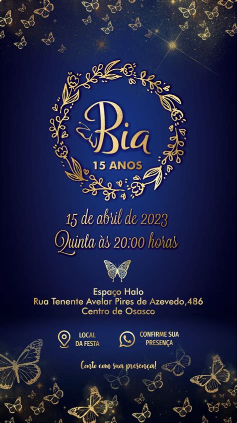 Convite Digital Anos Borboletas Azul Debutante Elo