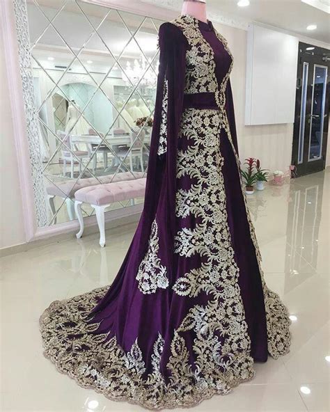 Morocco Muslim Evening Dresses Dubai Caftan Purple High Neck Lace