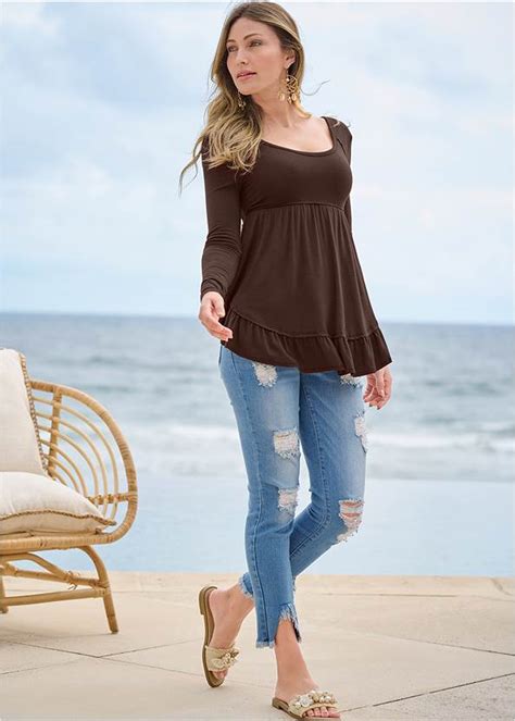 Long Sleeve Babydoll Top In Dark Brown Venus