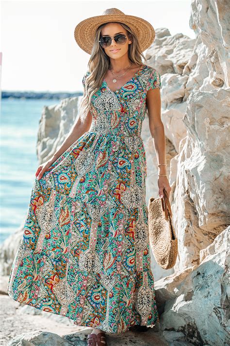 Paisley Print V Neck Maxi Dress