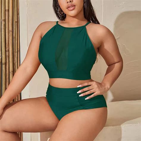 High Waist Halter Two Piece Bikini Solide Color Mesh Swimsuit Plus Size Buy Solide Color Mesh