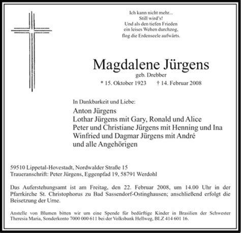 Traueranzeigen von Magdalene Jürgens Trauer nrw