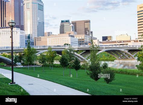 Skyline Of Columbus Ohio From Bicentennial Park Bridge At Night Stock