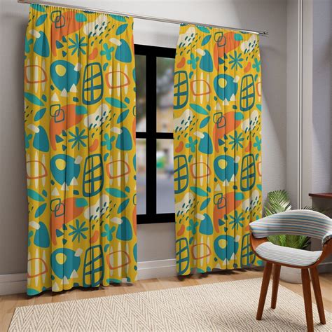 Mid Century Modern Curtains Tropical Tiki Yellow Geometric Abstract