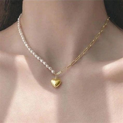 K Gold Pearl Heart Link Chain Necklace Womens Jewelry Necklace