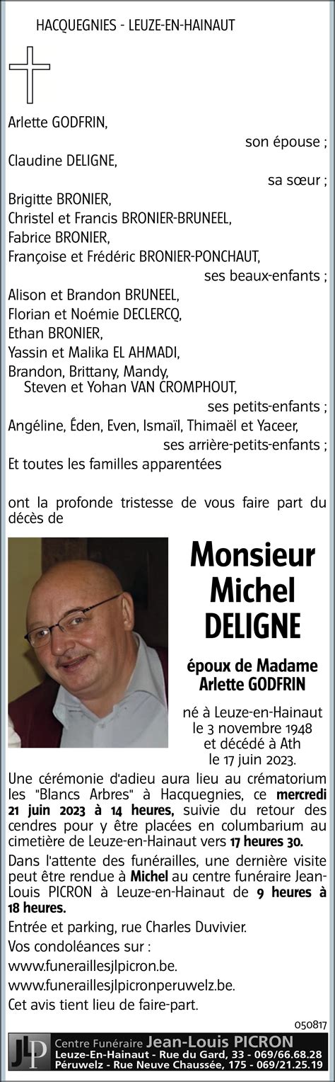 Michel DELIGNE 17 06 2023 Avis nécrologique lavenir net