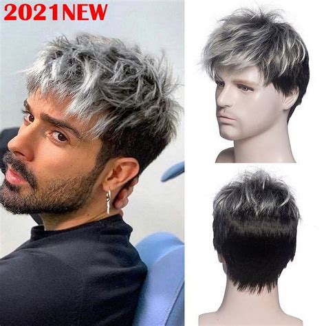 Willkey Men Short Straight Wig Ombre Grey Black Synthetic Wig For Male ...