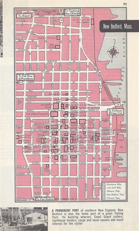 New Bedford Massachusetts Map, City Map, Street Map, 1950s, Pink, Black ...