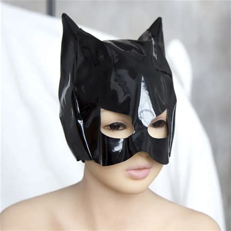 Female Fetish Patent Leather Mistress Cat Hood Half Face Mask