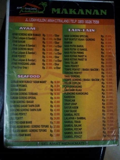 Menu At Warung Lesehan Rumadi Restaurant Surabaya Jl Raya Lidah