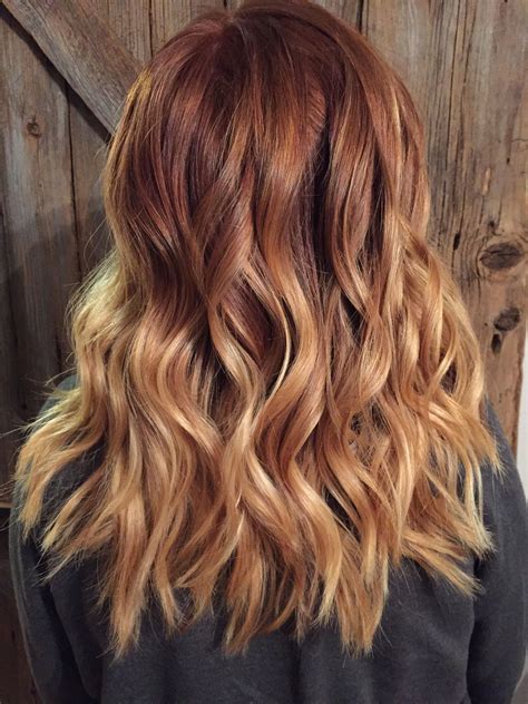 Copper Red to blonde ombré with balayage highlights Red blonde hair