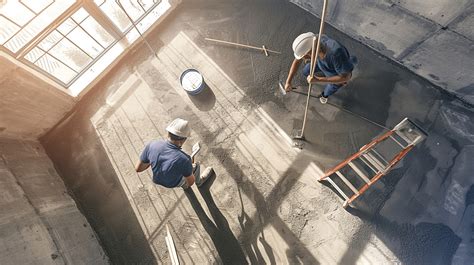 Workers Plastering Ready Mixed Concrete Floor At The Construction