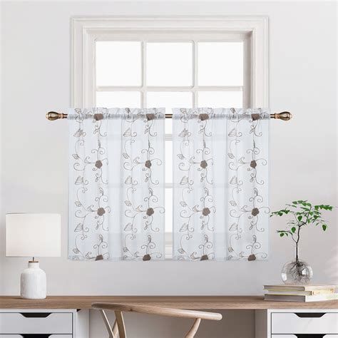 Haperlare Sheer Tier Curtains 26 W X 36 Floral Embroidered Pom Design