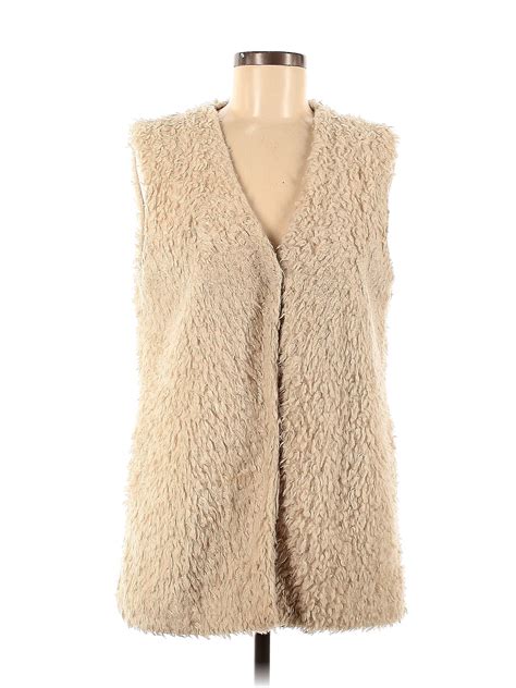 Design Lab Lord And Taylor 100 Polyester Solid Tan Ivory Faux Fur Jacket