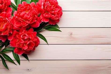 Premium AI Image | Red peonies bouquet on wooden table Top view Copy space