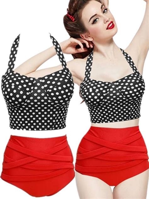 Fashion Women S Summer Vintage Polka Dots Print Bikini Top Bandage Bottom Swimsuit On Luulla