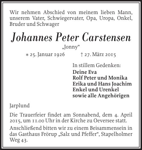 Johannes Peter Carstensen Traueranzeige Flensburger Tageblatt