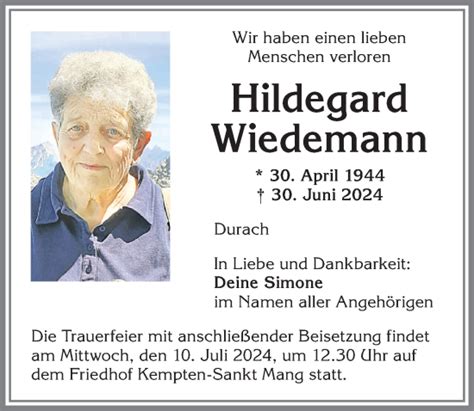 Traueranzeigen von Hildegard Wiedemann Allgäuer Zeitung