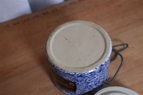 Vtg Blue Speckled Splatterware Stoneware Butter Cheese Crock Bail Lid