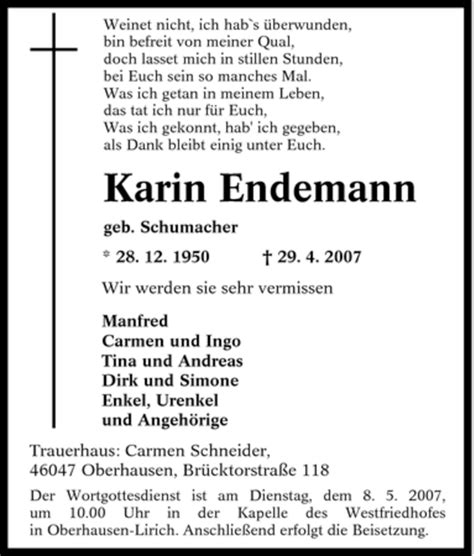 Traueranzeigen Von Karin Endemann Trauer In Nrw De