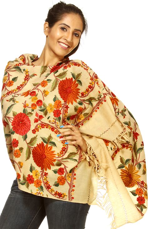 Khaki Kashmiri Phulkari Stole With Aari Embroidered Flowers All Over