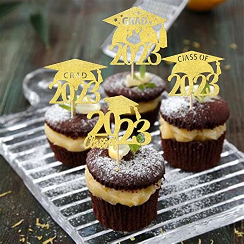 Rsstarxi 24 Pack Gold Glitter 2023 Graduation Cap Cupcake Toppers Clas