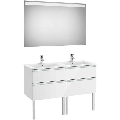 Pack De Mueble Base De Cuatro Cajones Lavabo Doble Y Espejo Led The