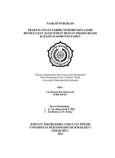 Naskah Publikasi Prarancangan Pabrik Nitrobenzena Dari Benzena Dan Asam