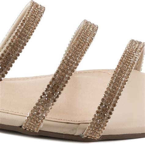 Rasteira Slide Feminina Quadrada Tiras De Strass Via Uno Nude Sapato Show