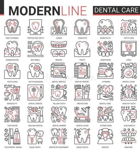 Dental Care Medicine Thin Red Black Line Icons Vector Illustration Set