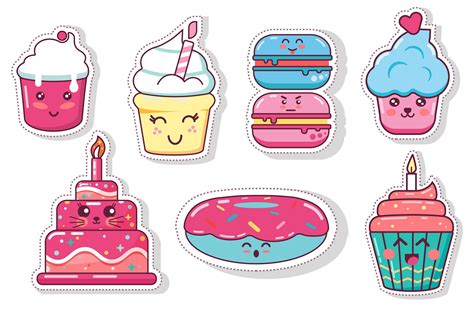 Set Of Fun Kawaii Bakery Food Desserts Stickers 1308777 Vector Art At