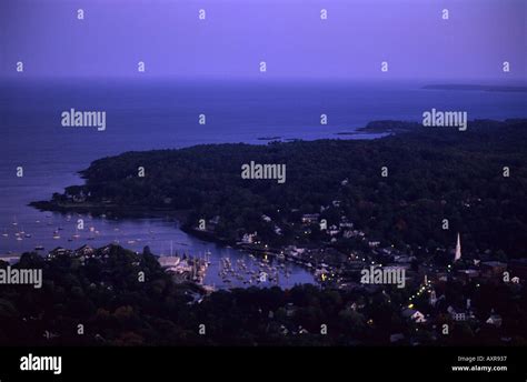 The Town And Harbor Of Camden Maine From Above At Dusk Stock Photo Alamy