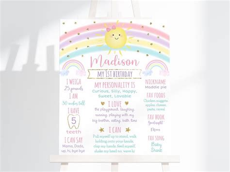 Editable Sunshine Rainbow Birthday Milestone Sign Pastel Rainbow Pink