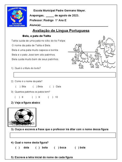 Avaliação De PortuguÊs 1 Ano 2 Trimestre Pdf