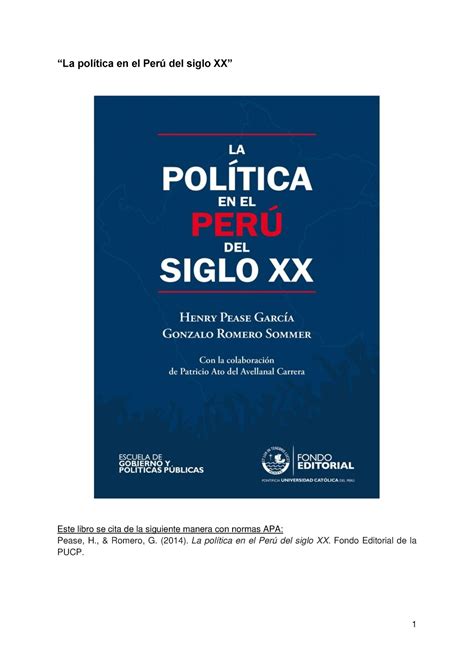 “la Política En El Perú Del Siglo Xx” Pag 1 120 Pease Y Romero