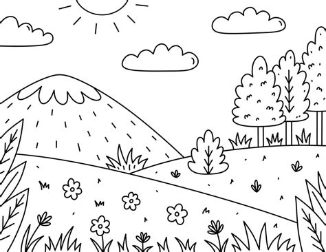 Página para colorear de niños lindos paisaje con sol nubes montañas