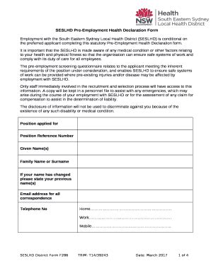 Seslhd Pre Employment Health Declaration Form Fill And Sign Printable