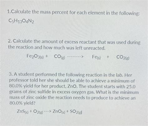 [solved] 1 Calculate The Mass Percent For Each Element In